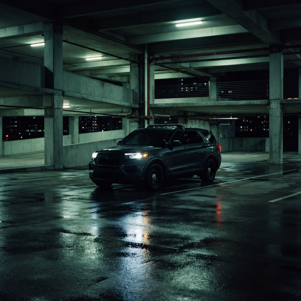 Unmarked patrol vehicle at night